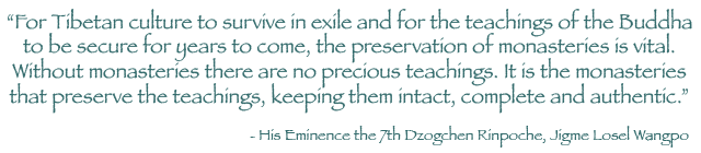 For Tibetan culture to survive in exile and for the teachings of the Buddha to be secure for years to come, the preservation of monasteries is vital.